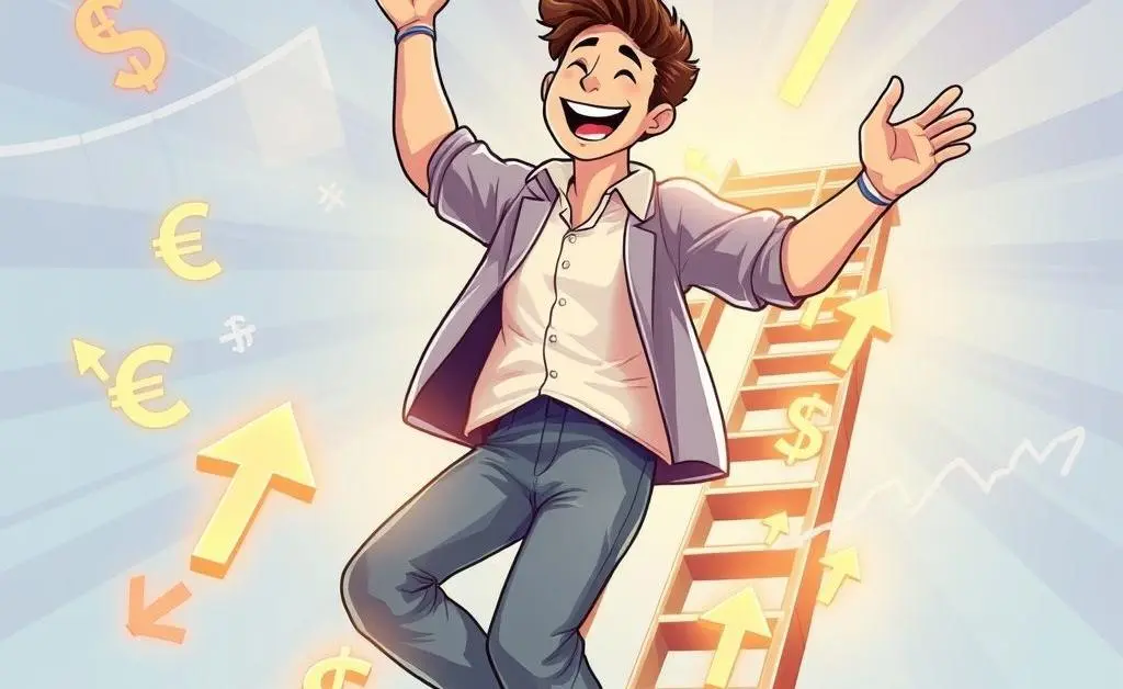 A person climbing a ladder of coins towards financial goals