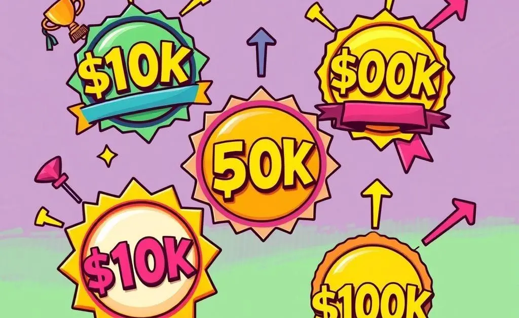 Cartoon-style financial goal milestones.