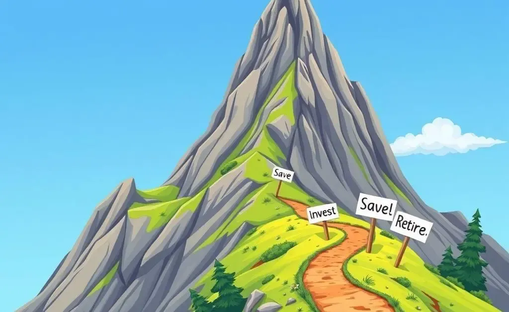 A cartoon-style mountain with different milestones like 'Save', 'Invest', 'Retire' marked along a trail.