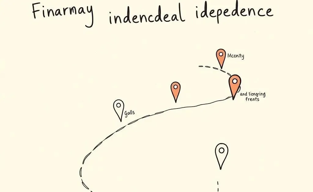 A hand-drawn aesthetic of a roadmap to financial independence with markers at different financial goals.