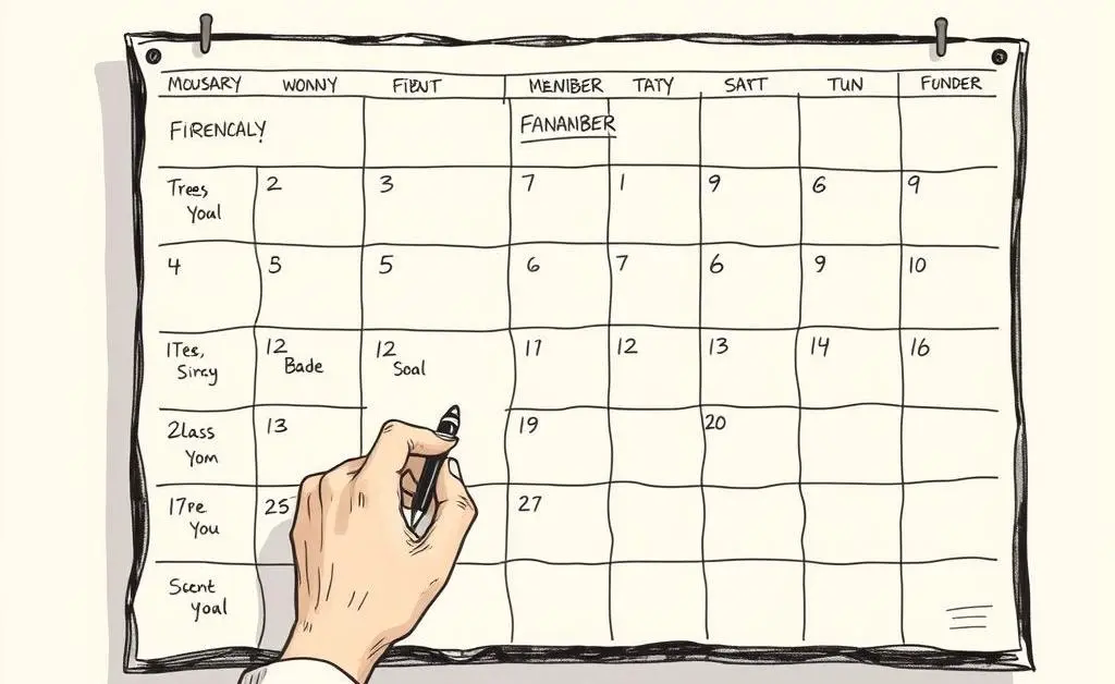 A hand-drawn image of a person writing financial goals on a large wall calendar.