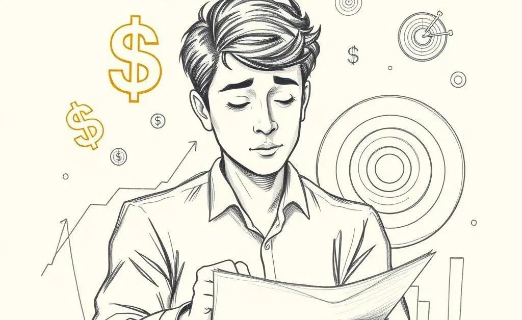 Hand-drawn style image depicting a person setting financial goals with dollar signs and target icons.