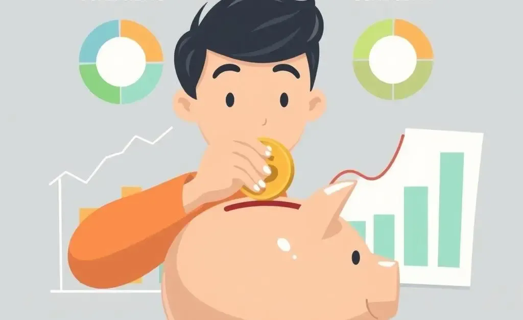 Cartoon person placing a coin into a piggy bank with financial goal-setting charts