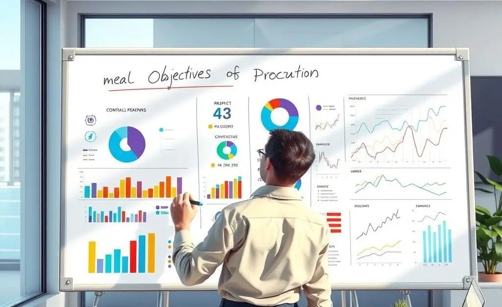 Illustration of a person writing financial goals on a large board with charts and graphs.