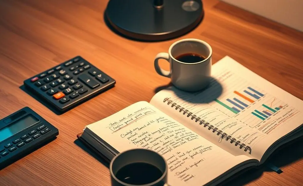 A desk with financial planning tools like a calculator, notebook, and a cup of coffee