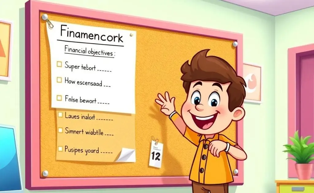 A cartoon person pinning a financial goal list to a notice board.