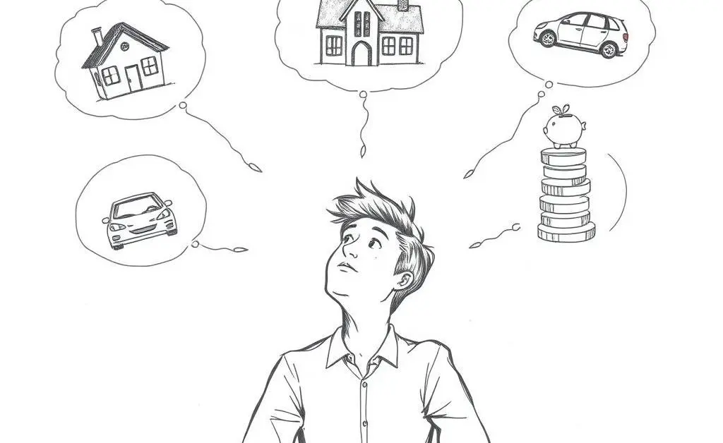 Person setting financial goals with thought bubbles