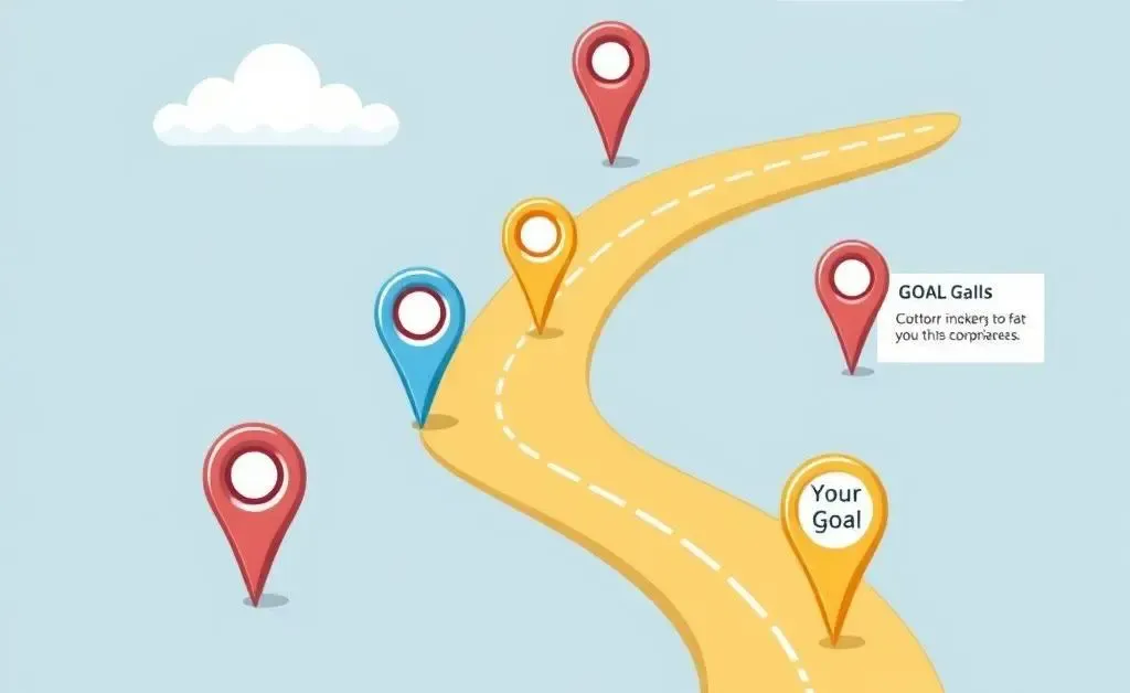 An artistic roadmap illustration with markers for various financial goals.