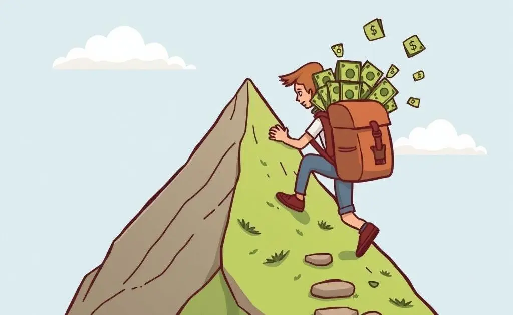 Cartoon-style illustration of a person climbing a financial goal mountain, backpack filled with money symbols.