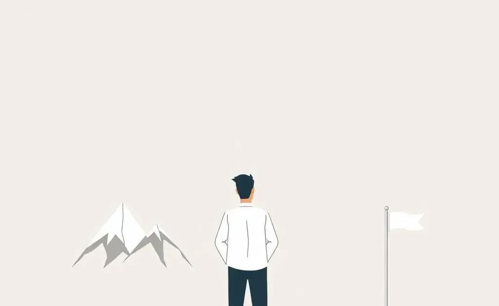 Minimalist style drawing of a person setting financial goals with symbols of mountains and flagpoles.