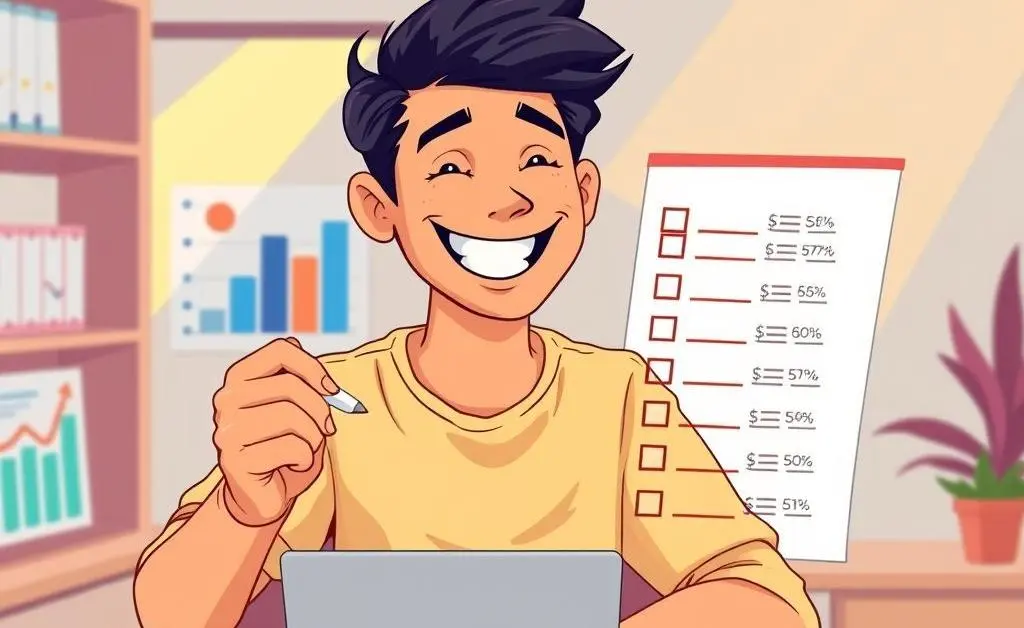 An illustration of someone checking off a list of financial goals with a happy expression.