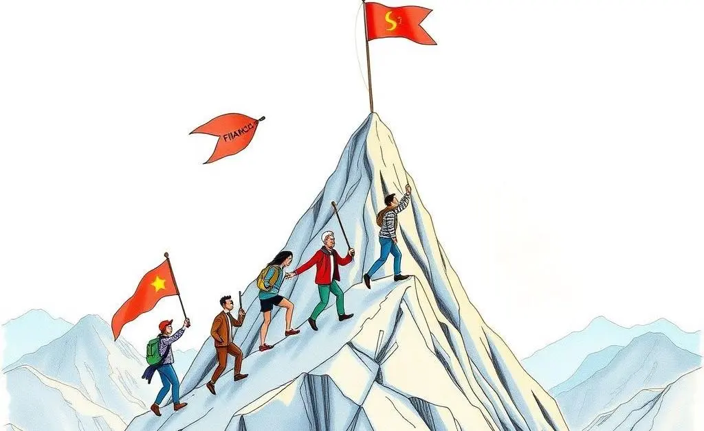 People climbing a mountain with flags representing financial goals