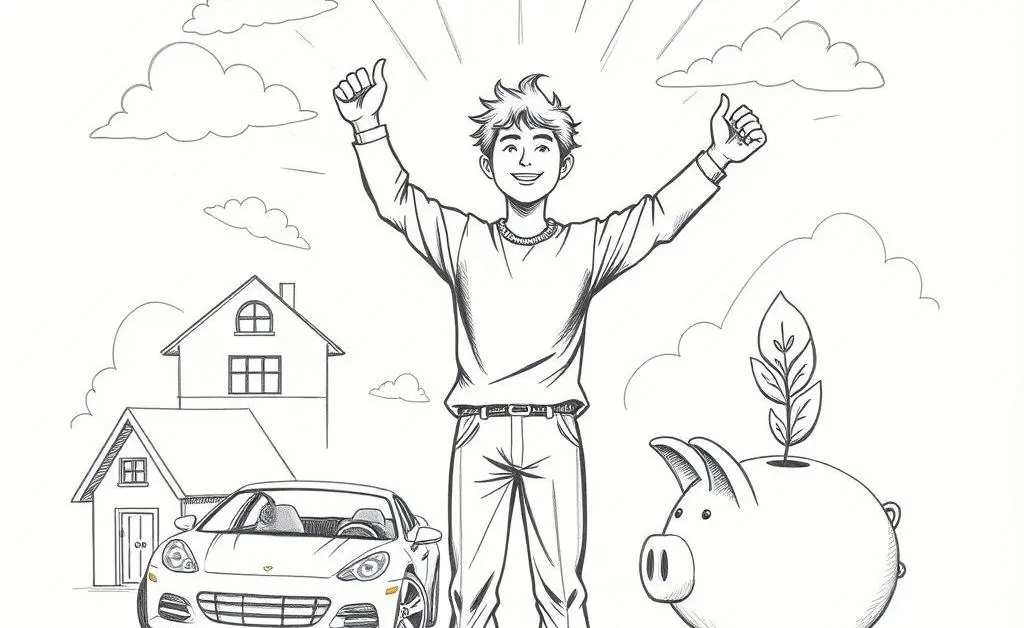 Person achieving financial goals like a house, car, and savings.