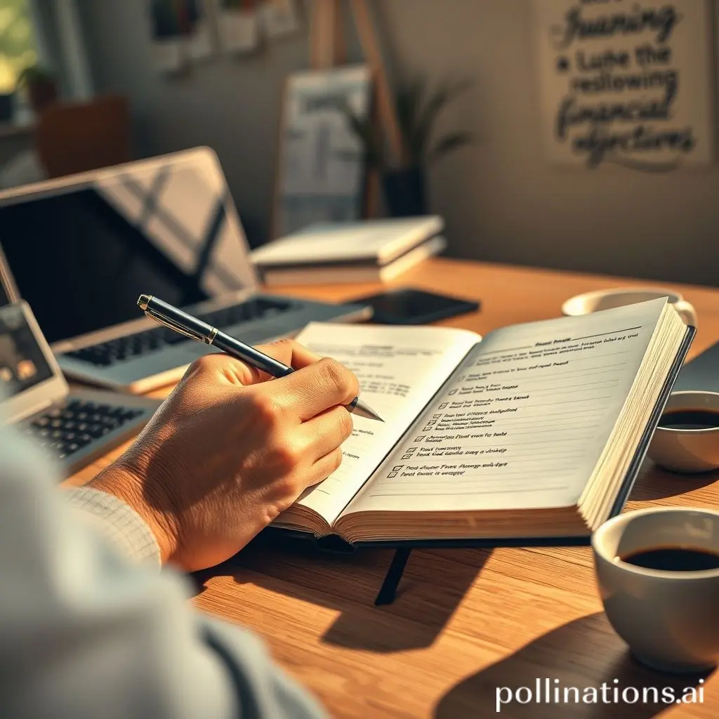 A person setting financial goals with a checklist in a notebook
