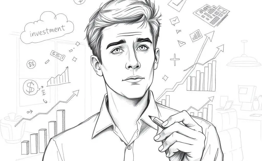 Sketch of a person drawing a path from financial goals to successful investments.