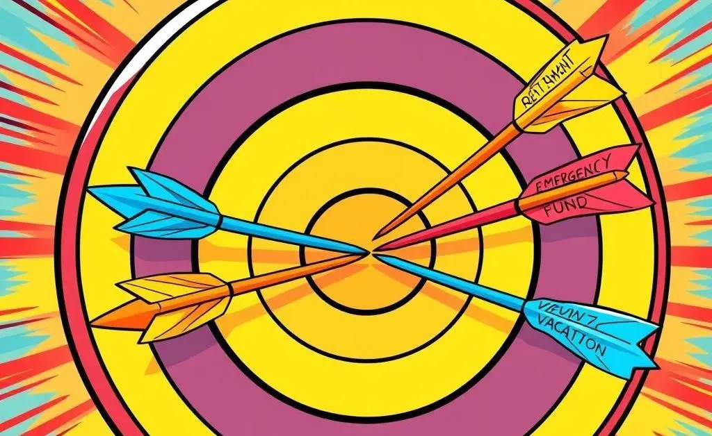 A cartoon-style image of a target with arrows labeled with different financial goals.