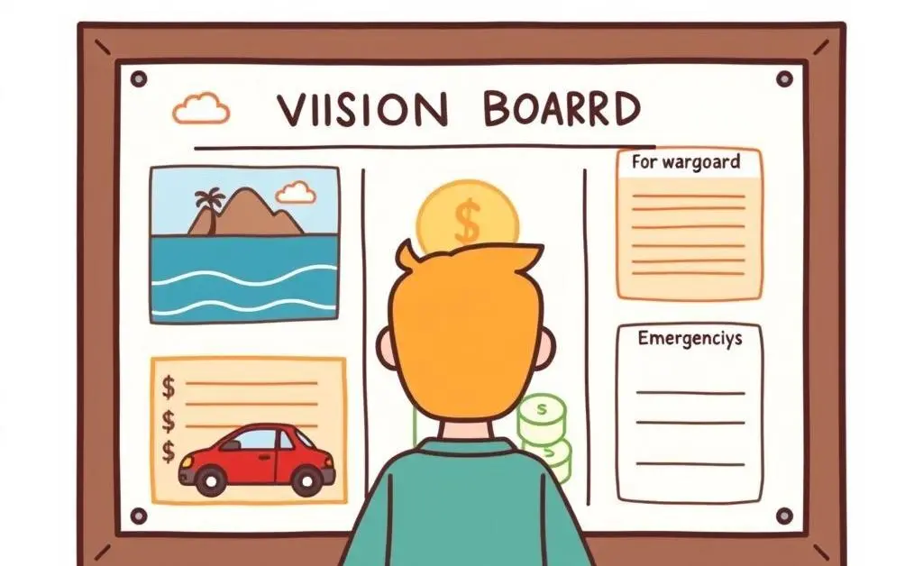 Minimalist cartoon of a person looking at a vision board with goals like a vacation, new car, and savings for emergencies.