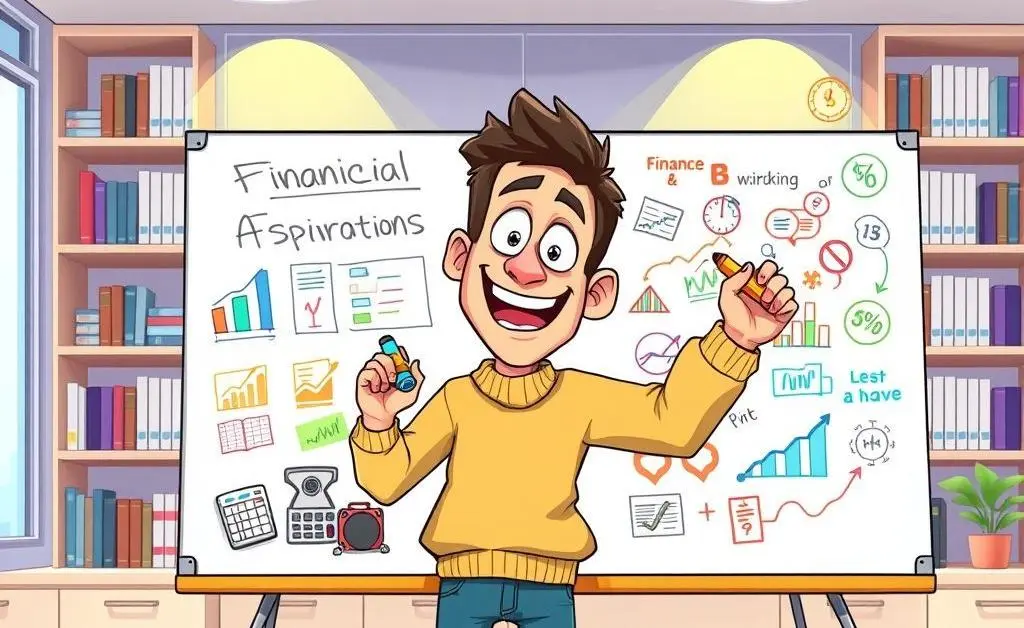 Cartoon of a person brainstorming financial goals on a whiteboard.