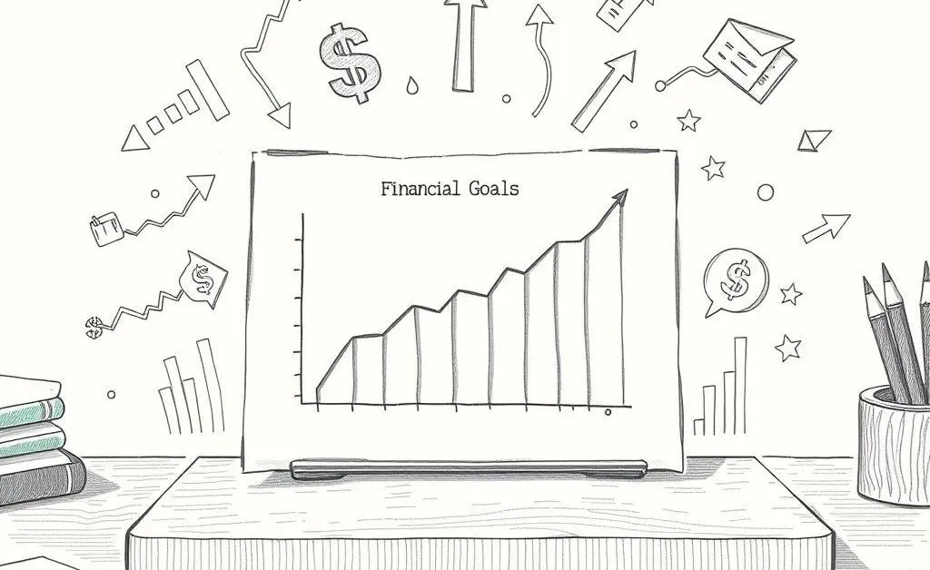 Hand-drawn style image of a financial goals chart on a desk with stock market symbols