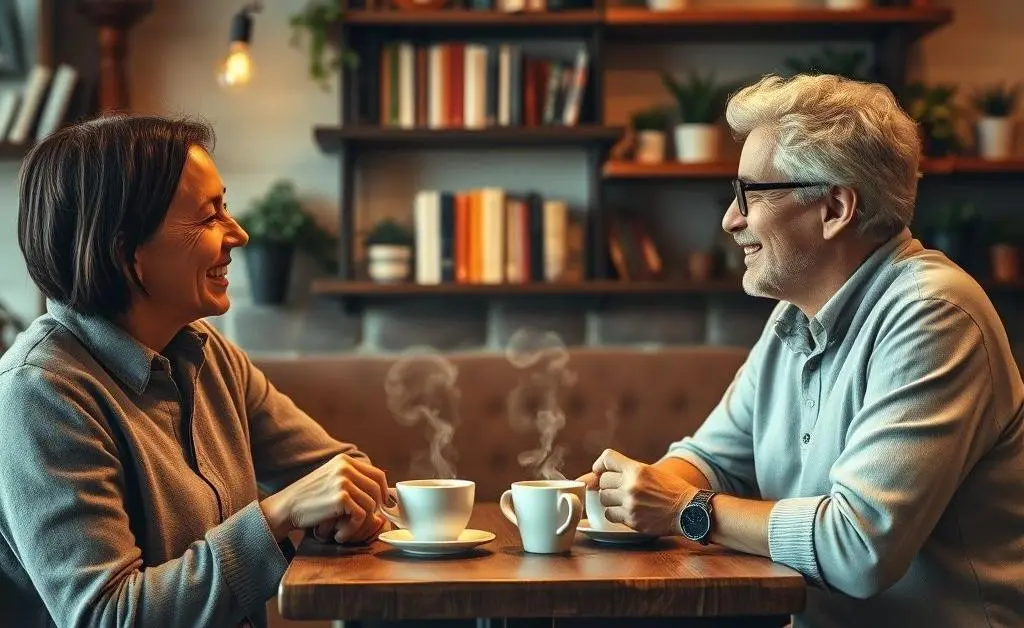 Two friends having a relaxed discussion about financial goals over coffee