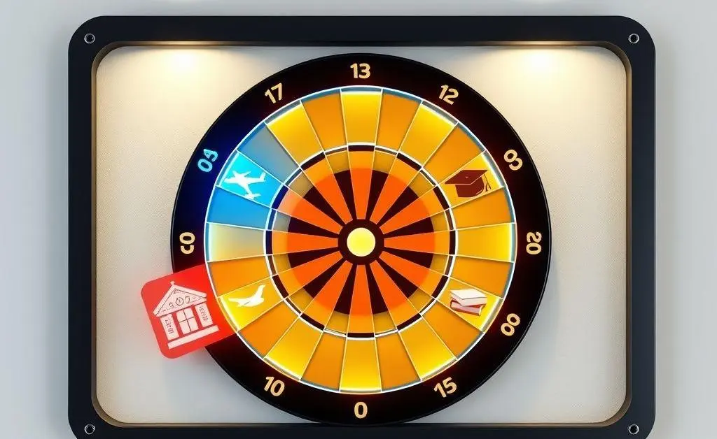 Dartboard with financial goals like retirement, travel, and education.