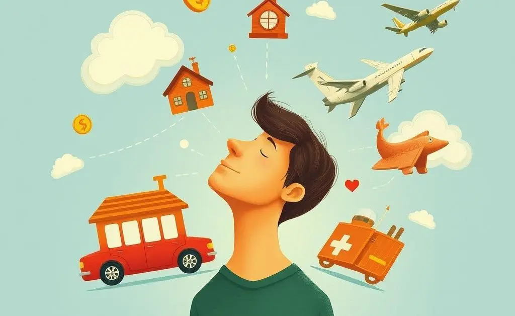 Person dreaming of financial symbols like a home and car