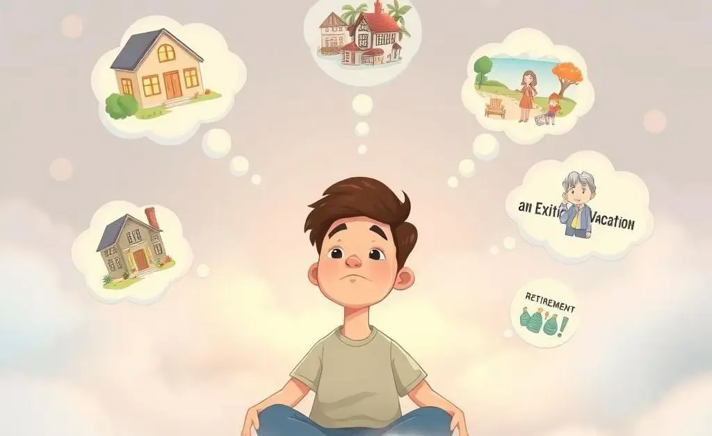 Person surrounded by financial goal dream bubbles