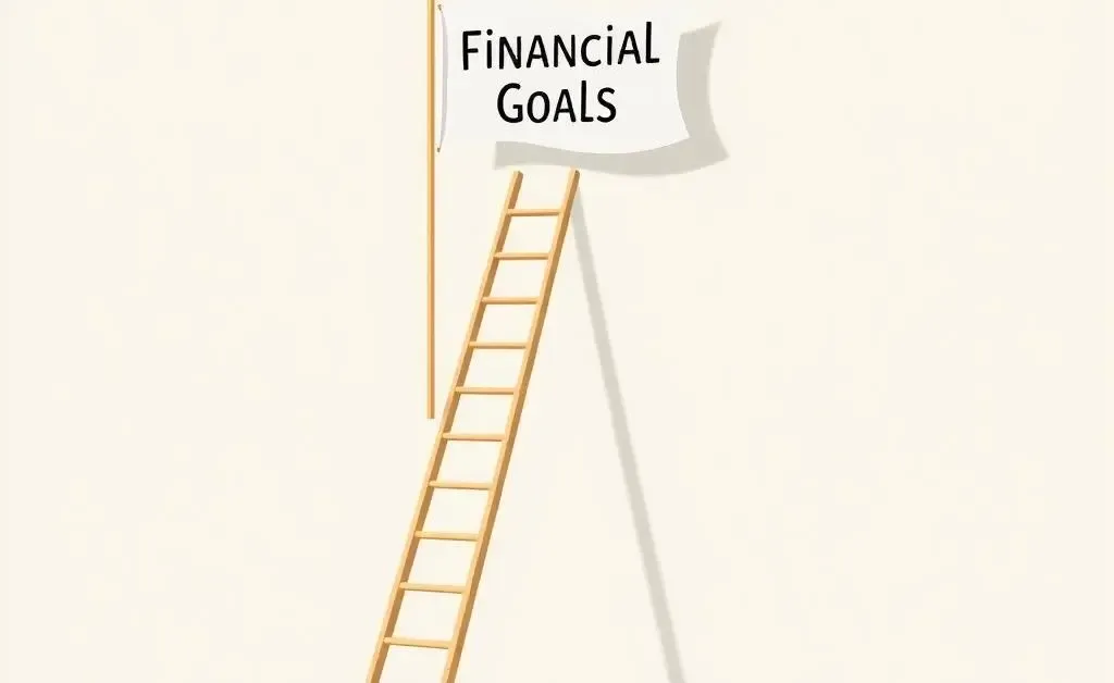 Ladder leading to financial goals flag with coins around