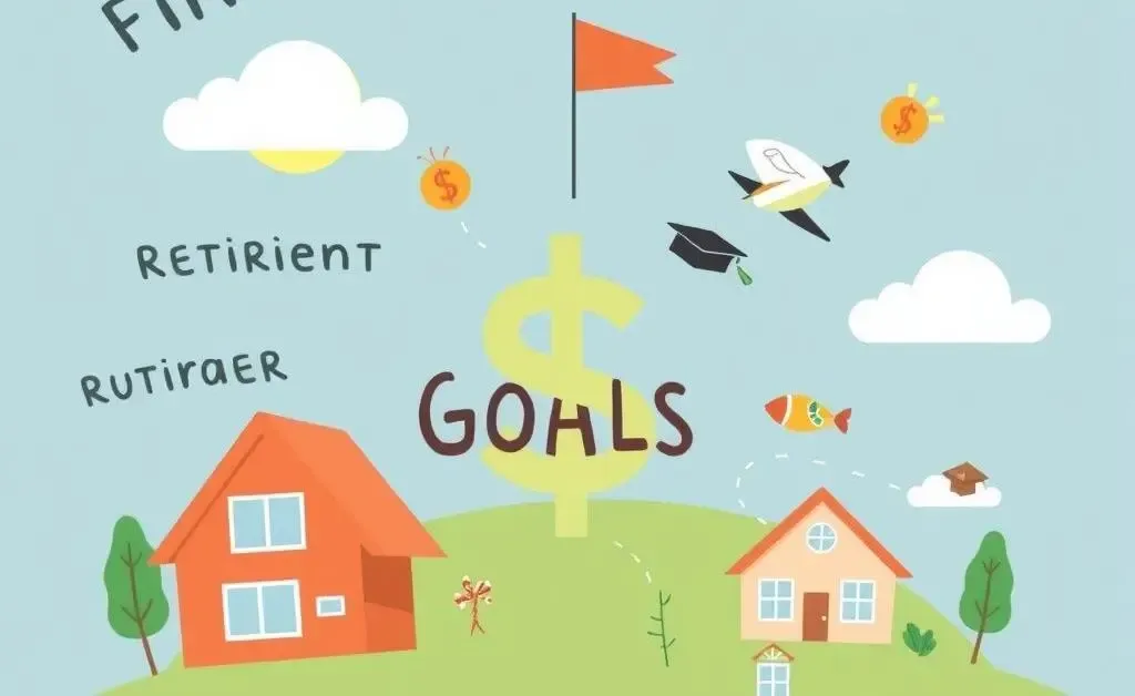 A whimsical illustration of financial goals like retirement, education, travel, and homeownership.