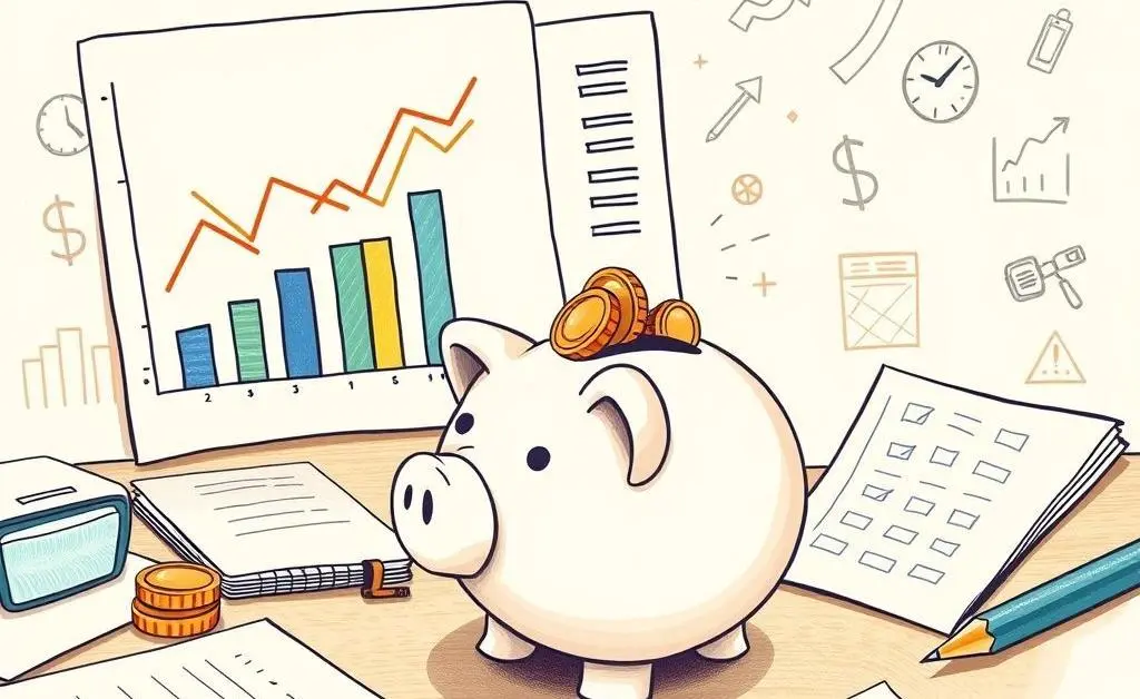 A hand-drawn illustration of setting financial goals with charts and a piggy bank