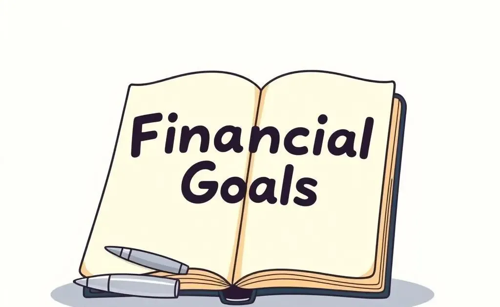 A minimalist cartoon-style image of a journal titled 'Financial Goals' with a pen.