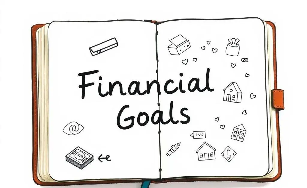 Journal with financial goals, cash, and a house doodle