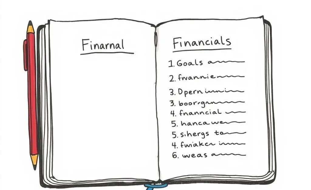 An open journal with a list of financial goals and a pencil.