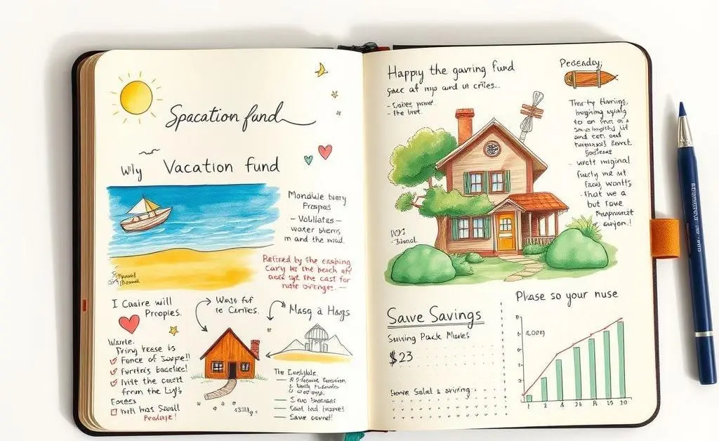 Illustrated journal with financial goals like saving for a vacation or buying a house.