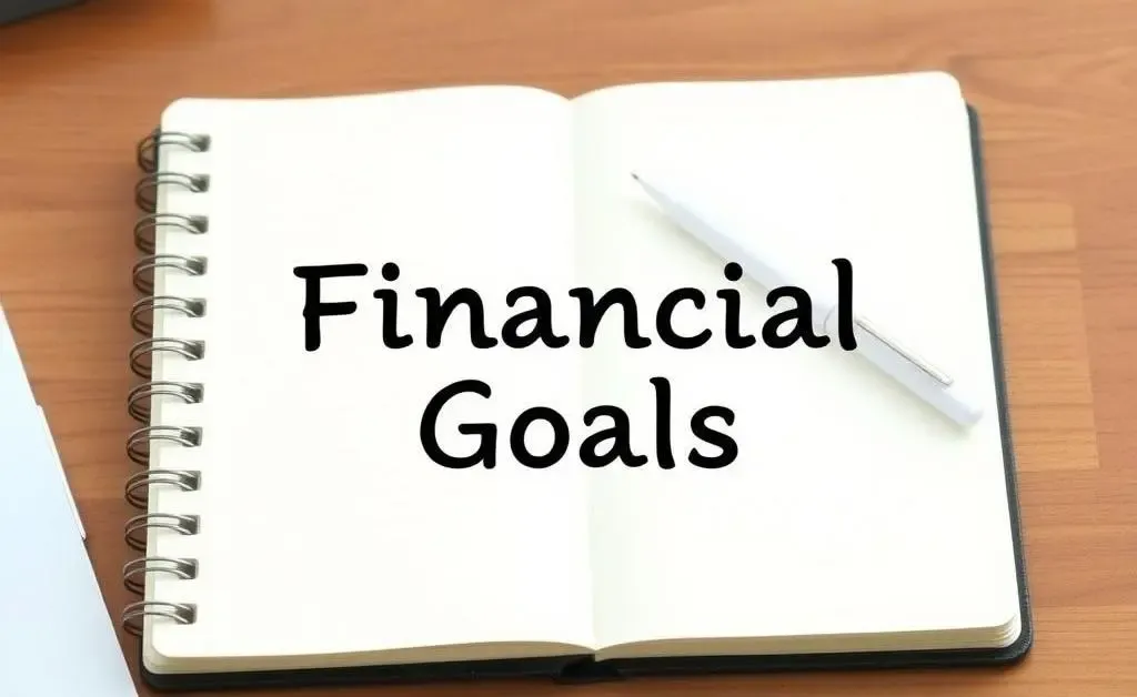 A journal with a pen on a wooden desk, titled 'Financial Goals'