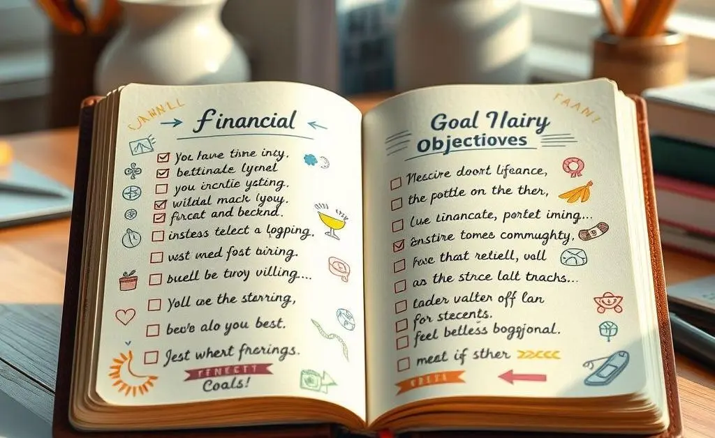 An open journal with a checklist of financial goals