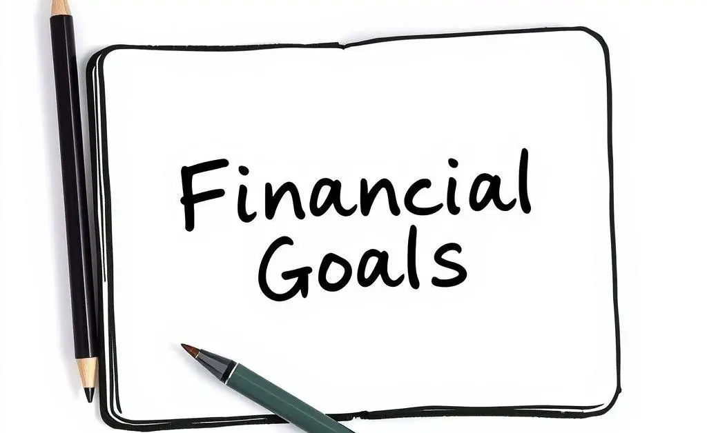 A hand-drawn image of a journal with 'Financial Goals' written on it, surrounded by pens and a calculator