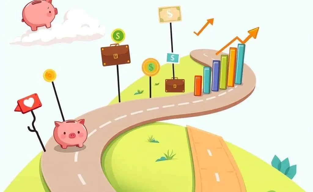A cartoon-style roadmap leading to financial goals.
