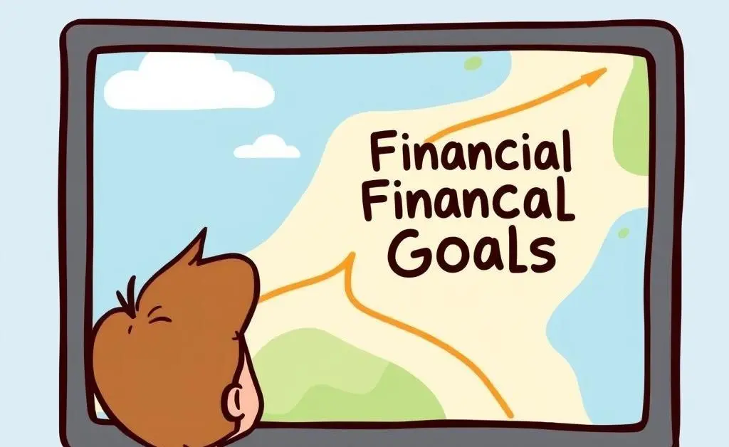 Cartoon-style image of a person looking at a roadmap with 'Financial Goals' on it.