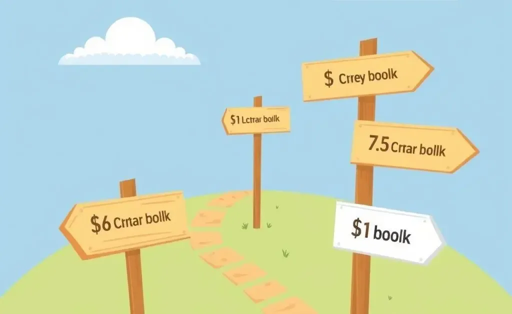 Illustration of a path with signposts marking different financial milestones.