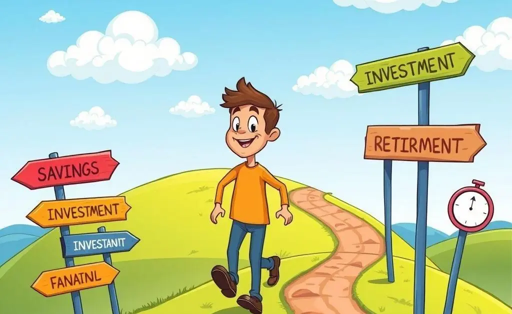 Person walking on a financial journey path with signposts