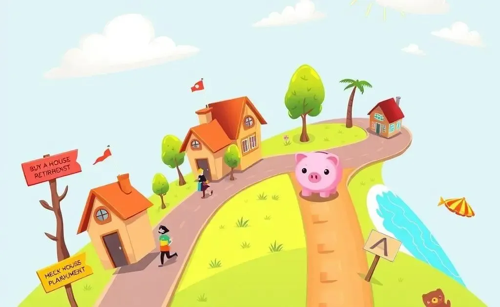A cartoonish roadmap illustrating different financial goals like buying a house, saving for retirement, and vacation planning.