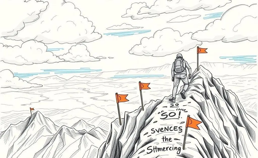 A person climbing a mountain with financial goals along the path