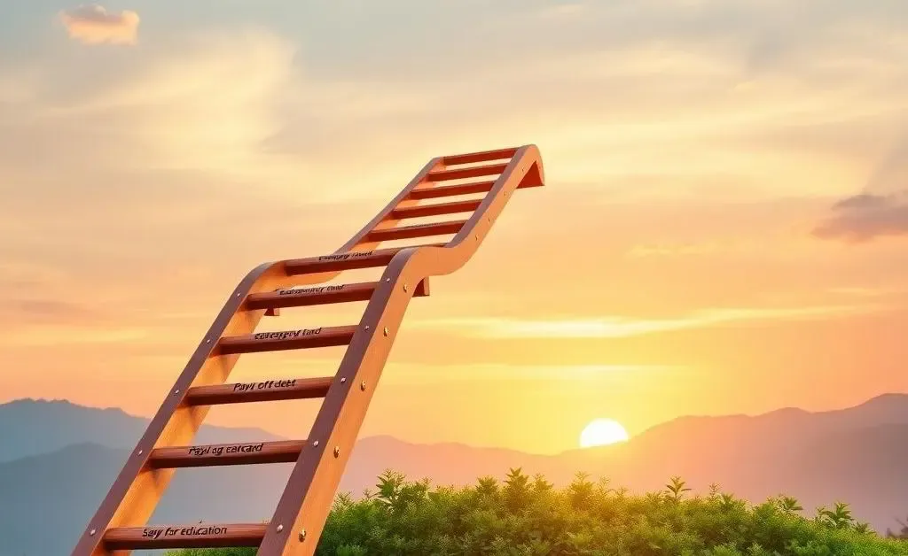 A ladder with financial goals marked on each step.