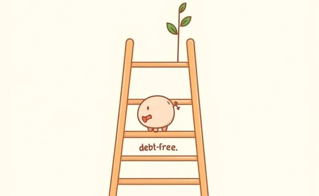 A ladder with rungs representing financial goals like debt-free and savings