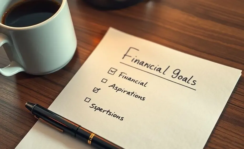 A handwritten list of financial goals with a pen and a cup of coffee