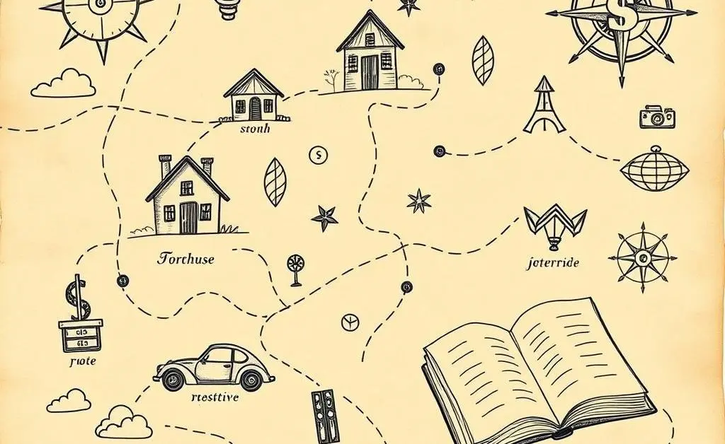 A hand-drawn map with icons representing different financial goals, like a house, car, and book.