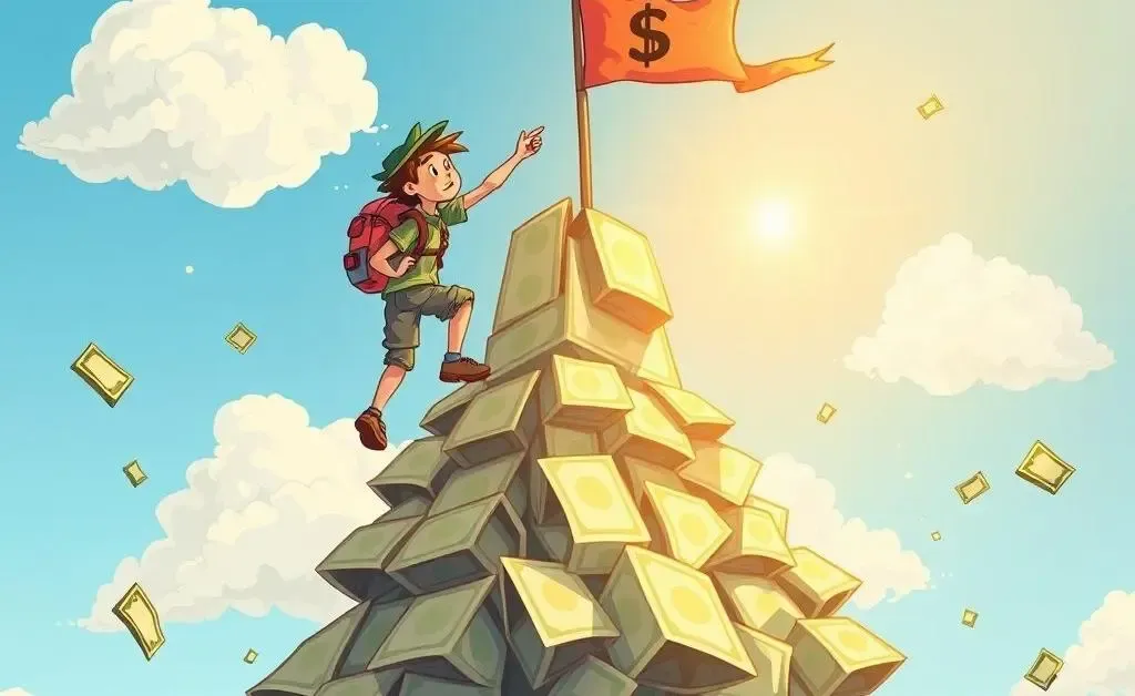 Person climbing a mountain made of dollar bills