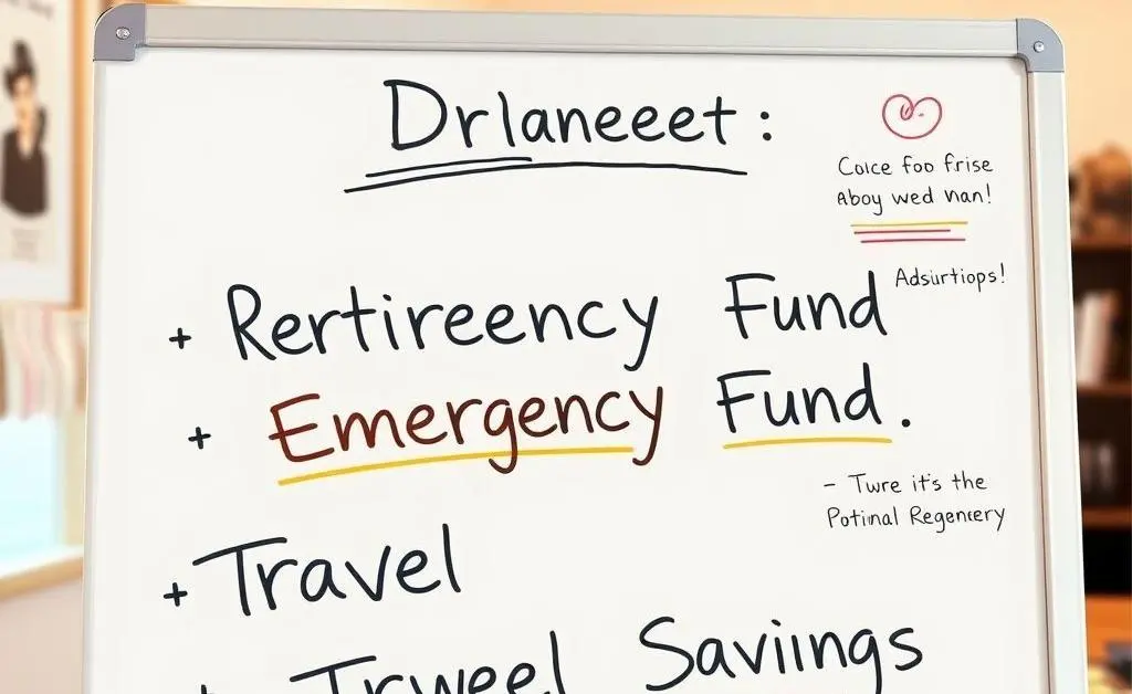 A hand-drawn whiteboard with financial goals like 'Retirement', 'Emergency Fund', and 'Travel Savings' written on it.