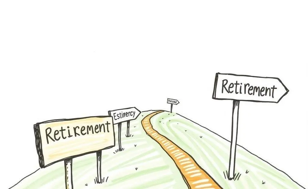 A hand-drawn path leading to retirement destination with signs marking financial milestones